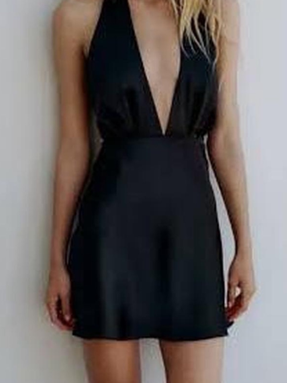 Zara Black Satin Plunge-Halter Mini Dress- Sleek Party - NWT- small